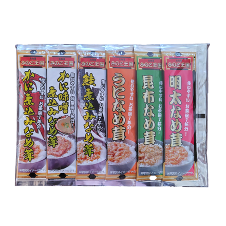 きのこ王国 スティックなめ茸 海鮮6本セット (かに味噌煮込み/かに煮込み/鮭煮込み/うに/昆布/明太)