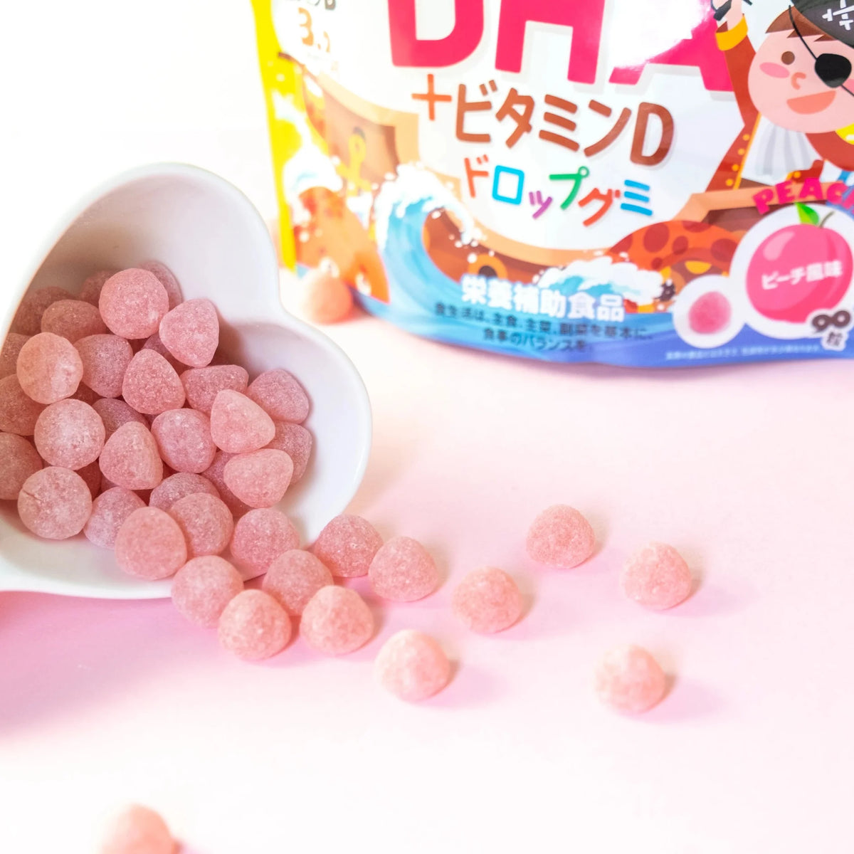 ビタミン お急ぎ便ポッピングスターうるうるマグ+グミシール+お直し(6本) こどもDHA+ビタミンDドロップグミ 60粒 ピーチ味 サプリメント
